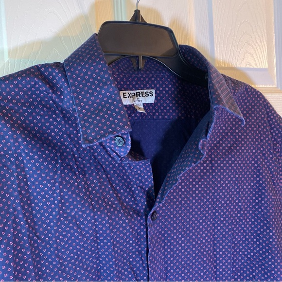 Express Mens L LARGE 16-16 1/2 Dress Shirt Button Down Floral Fitted Navy Blue - Picture 4 of 11